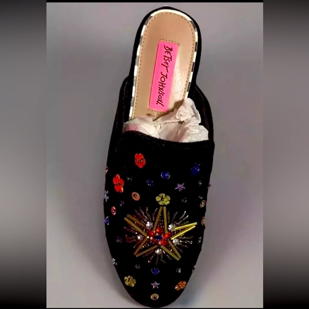 Betsey Johnson Embellished Rhinestone Velvet Mules Black